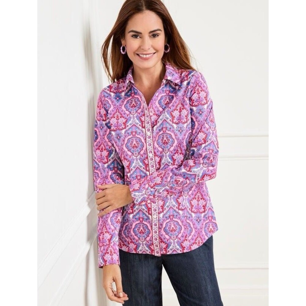 Talbots Petites 10P Perfect Shirt Pink/Purple Button-Up Whimsical Medallion NWT